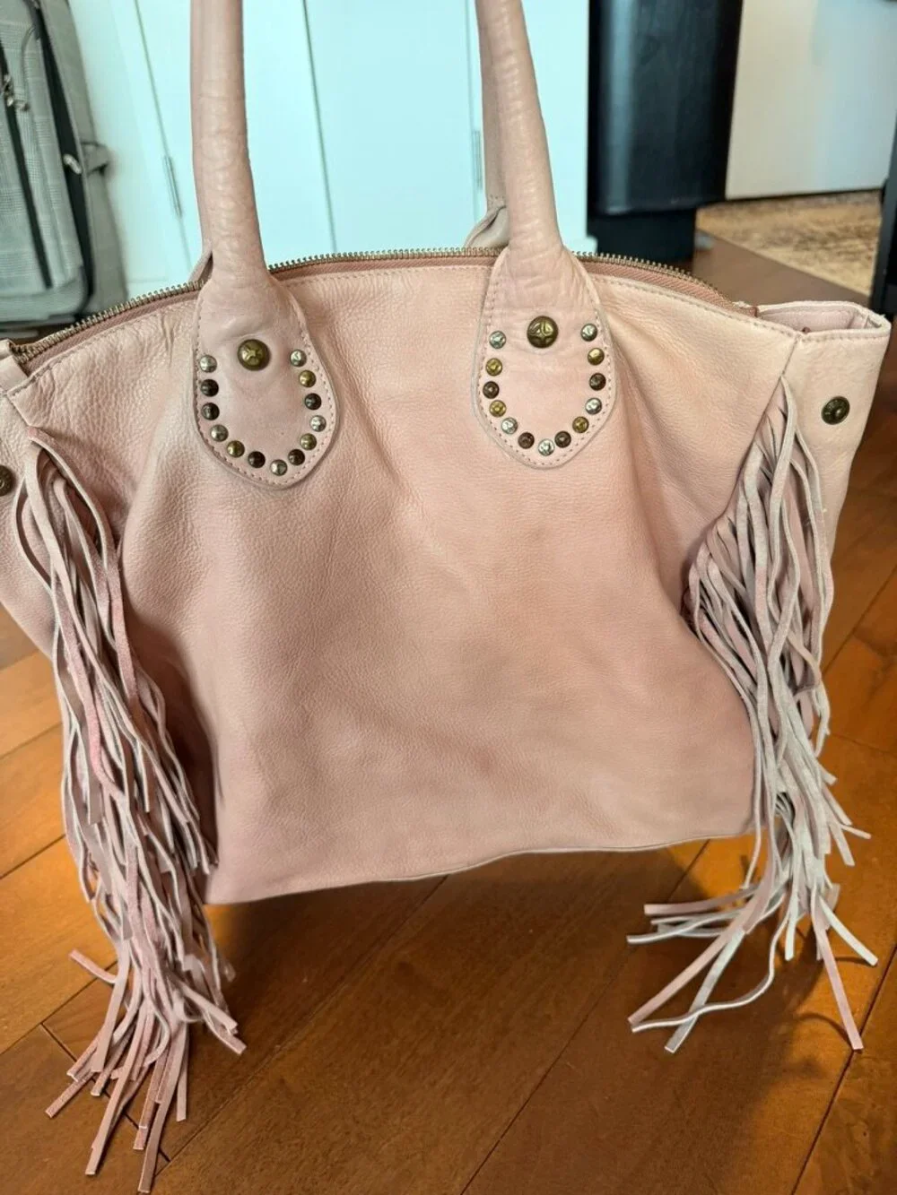 Viola Castellani Milano Pink Leather Fringe Studded Tote Bag Boho
